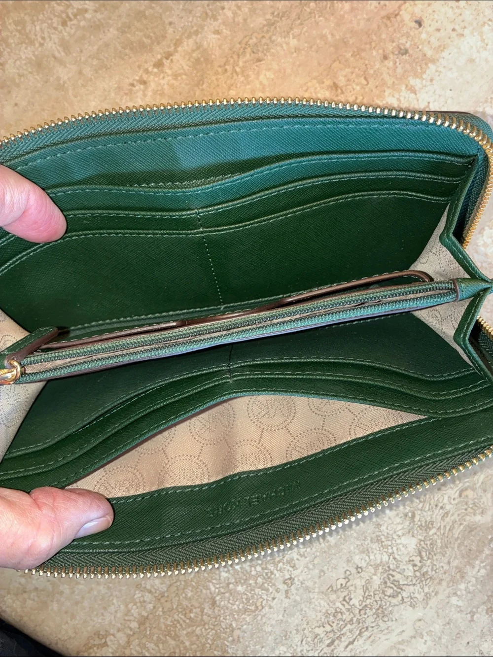 Michael Kors Forest Green Saffiano Zip-Around Wallet with Gold Plate